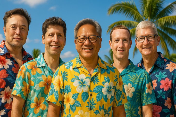 Elon Musk, Sam Altman, Jensen Huang, Mark Zuckerberg i Tim Cook estiuencs amb ChatGPT. Saül Gordillo